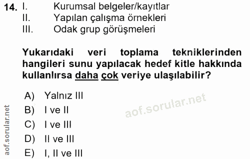 14. soru: 1. Kurumsal belgeler/kayıtlar Il. Yapılan çalışma örnekleri III. Odak grup görüşmeleri Yukarıdaki veri toplama teknik…