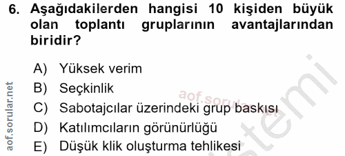 6. soru: Aşağıdakilerden hangisi 10 kişiden büyük olan toplantı gruplarının avantajlarından biridir? A) Yüksek verim B) Seçkin…