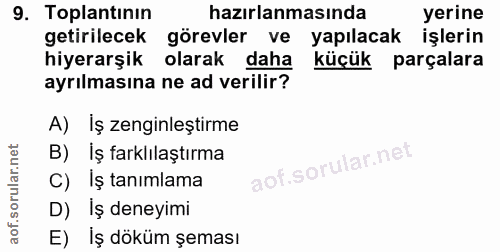 9. soru: Toplantının hazırlanmasında yerine getirilecek görevler ve yapılacak işlerin hiyerarşik olarak daha küçük parçalara a…
