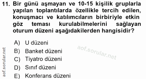 11. soru: Bir günü aşmayan ve 10-15 kişilik gruplarla yapılan toplantılarda özellikle tercih edilen, konuşmacı ve katılımcıları…