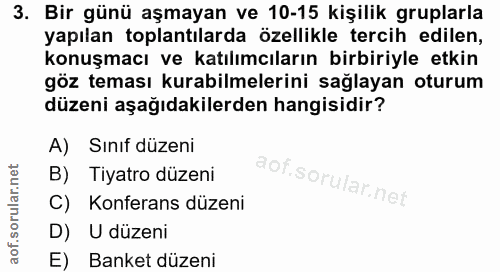 3. soru: Bir günü aşmayan ve 10-15 kişilik gruplarla yapılan toplantılarda özellikle tercih edilen, konuşmacı ve katılımcıları…