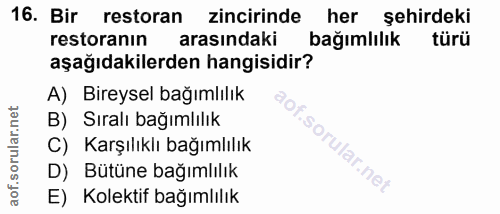 16. soru: Bir restoran zincirinde her şehirdeki restoranın arasındaki bağımlılık türü aşağıdakilerden hangisidir? A) Bireysel b…