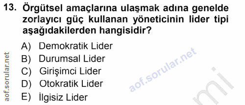 13. soru: Örgütsel amaçlarına ulaşmak adına genelde zorlayıcı güç kullanan yöneticinin lider tipi aşağıdakilerden hangisidir? A…