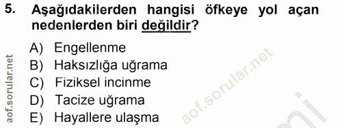 5. soru: Aşağıdakilerden hangisi öfkeye yol açan nedenlerden biri değildir? A) Engellenme B) Haksızlığa uğrama .sorular.ne C)…