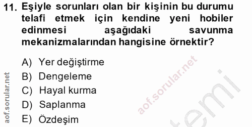 11. soru: Eşiyle sorunları olan bir kişinin bu durumu telafi etmek için kendine yeni hobiler edinmesi aşağıdaki savunma mekaniz…