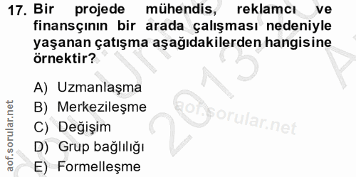 17. soru: Bir projede mühendis, reklamcı ve finansçının bir arada çalışması nedeniyle yaşanan çatışma aşağıdakilerden hangisine…