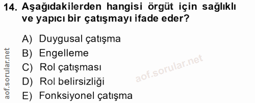 14. soru: Aşağıdakilerden hangisi örgüt için sağlıklı ve yapıcı bir çatışmayı ifade eder? A) Duygusal çatışma B) Engelleme C) R…