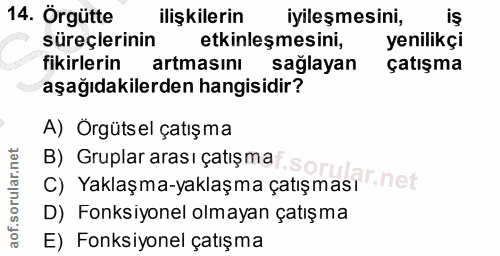 14. soru: Orgütte ilişkilerin iyileşmesini, süreçlerinin etkinleşmesini, yenilikçi fikirlerin artmasını sağlayan çatışma aşağıd…