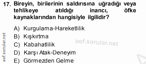 17. soru: Bireyin, birilerinin saldırısına uğradığı veya tehlikeye atıldığı inancı, öfke kaynaklarından hangisiyle ilgilidir? A…