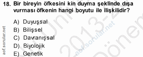 18. soru: Bir bireyin öfkesini kin duyma şeklinde dışa vurması öfkenin hangi boyutu ile ilişkilidir? A) Duyuşsal B) Bilişsel C)…