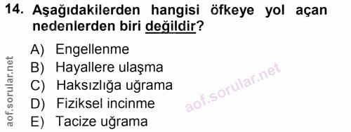 14. soru: Aşağıdakilerden hangisi öfkeye yol açan nedenlerden biri değildir? A) Engellenme B) Hayallere ulaşma C) Haksızlığa uğ…