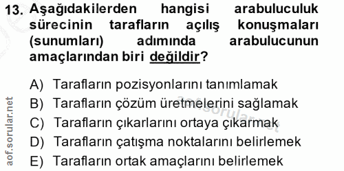 13. soru: Aşağıdakilerden hangisi arabuluculuk sürecinin tarafların açılış konuşmaları (sunumlari) adıminda arabulucunun amaçla…