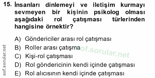 15. soru: Insanları dinlemeyi ve iletişim kurmayı sevmeyen bir kişinin psikolog olması aşağıdaki rol çatışması türlerinden hang…