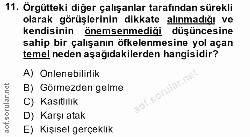 11. soru: Örgütteki diğer çalışanlar tarafından sürekli olarak görüşlerinin dikkate alınmadığı ve kendisinin Önemsenmediği düşü…