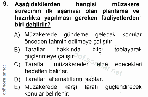 9. soru: Aşağıdakilerden| hangisi müzakere sürecinin ilk aşaması olan planlama ve hazırlıkta yapılması gereken faaliyetlerden…