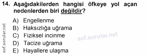 14. soru: Aşağıdakilerden hangisi öfkeye yol açan nedenlerden biri değildir? A) Engellenme B) Haksızlığa uğrama C) Fiziksel inc…