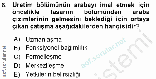 6. soru: Üretim bölümünün arabayı imal etmek için öncelikle tasarım bölümünden araba çizimlerinin gelmesini beklediği için ort…