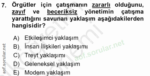 7. soru: Örgütler için çatışmanın zararlı olduğunu, zayıf ve beceriksiz yönetimin çatışma yarattığını savunan yaklaşım aşağıda…