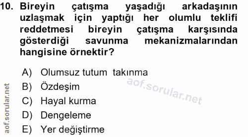 10. soru: Bireyin çatışma yaşadığı arkadaşının uzlaşmak için yaptığı her olumlu teklifi reddetmesi bireyin çatışma karşısında g…