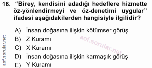 16. soru: "Birey, kendisini adadığı hedeflere hizmette öz-yönlendirmeyi ve öz-denetimi uygular" ifadesi aşağıdakilerden hangisi…