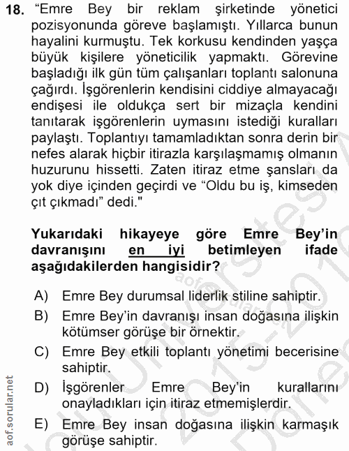 18. soru: "Emre Bey bir reklam şirketinde yönetici pozisyonunda göreve başlamıştı. Yıllarca bunun hayalini kurmuştu. Tek korkus…