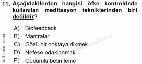 11. soru: Aşağıdakilerden hangisi öfke kontrolünde kullanılan meditasyon tekniklerinden biri değildir? A) Biofeedback B) Mantra…