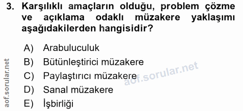 3. soru: Karşılıklı amaçların olduğu, problem çözme ve açıklama odaklı müzakere yaklaşımı aşağıdakilerden hangisidir? A) Arabu…
