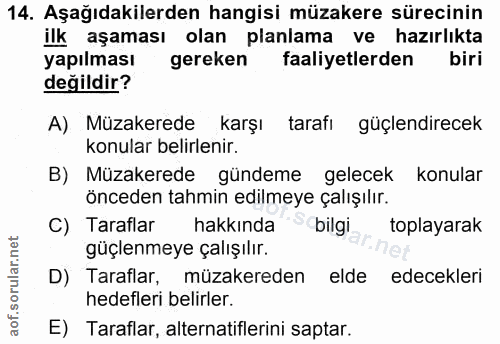 14. soru: Aşağıdakilerden hangisi müzakere sürecinin ilk aşaması olan planlama ve hazırlıkta yapılması gereken faaliyetlerden b…