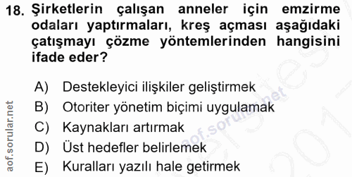 18. soru: Şirketlerin çalışan anneler için emzirme odaları yaptırmaları, kreş açması aşağıdaki çatışmayı çözme yöntemlerinden h…