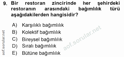 9. soru: Bir restoran zincirinde her şehirdeki restoranın arasındaki bağımlılık türü aşağıdakilerden hangisidir? A) Karşılıklı…