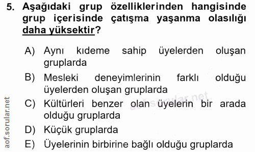 5. soru: Aşağıdaki grup özelliklerinden hangisinde grup içerisinde çatışma yaşanma olasılığı daha yüksektir? A) Aynı kıdeme sa…
