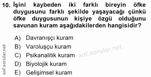 10. soru: İşini kaybeden iki farkli bireyin öfke duygusunu farklı şekilde yaşayacağı çünkü öfke duygusunun kişiye özgü olduğunu…