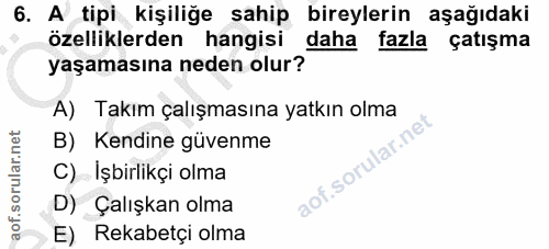6. soru: A tipi kişiliğe sahip bireylerin aşağıdaki özelliklerden hangisi daha fazla çatışma yaşamasına neden olur? A) Takım ç…