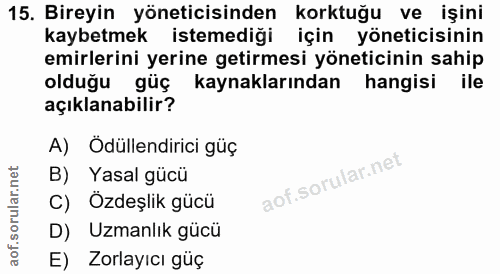 15. soru: Bireyin yöneticisinden korktuğu ve işini kaybetmek istemediği için yöneticisinin emirlerini yerine getirmesi yönetici…