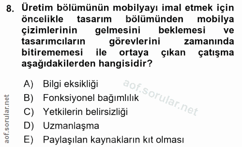 8. soru: Uretim bölümünün mobilyayı imal etmek için öncelikle tasarım bölümünden mobilya çizimlerinin gelmesini beklemesi ve t…