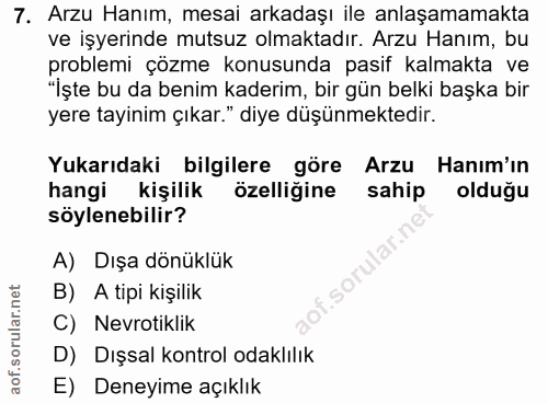7. soru: Arzu Hanım, mesai arkadaşı ile anlaşamamakta ve işyerinde mutsuz olmaktadır. Arzu Hanım, bu problemi çozme konusunda…