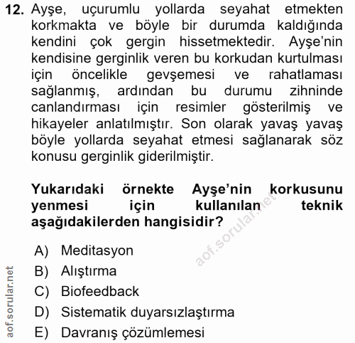 12. soru: Ayşe, uçurumlu yollarda seyahat etmekten korkmakta ve böyle bir durumda kaldığında kendini çok gergin hissetmektedir.…