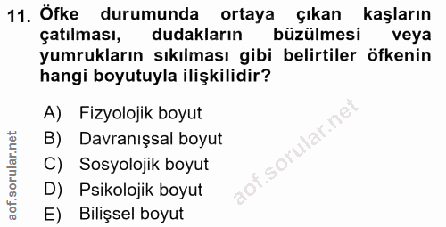 11. soru: Ofke durumunda ortaya çıkan kaşların çatılması, dudakların büzülmesi veya yumrukların sıkılması gibi belirtiler öfken…