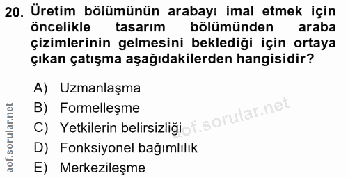 20. soru: Uretim bölümünün arabayı imal etmek için öncelikle tasarım bölümünden araba çizimlerinin gelmesini beklediği için ort…