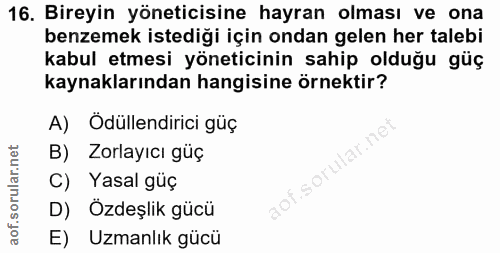 16. soru: Bireyin yöneticisine hayran olması ve ona benzemek istediği için ondan gelen her talebi kabul etmesi yöneticinin sahi…
