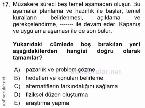 17. soru: Müzakere süreci beş temel aşamadan oluşur. Bu aşamalar planlama ve hazırlık ile başlar, temel kuralların belirlenmesi…