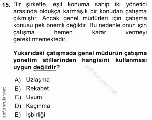 15. soru: Bir şirkette, eşit konuma sahip iki yönetici arasında oldukça karmaşık bir konudan çatışma çıkmıştır. Ancak genel müd…