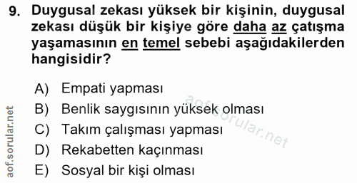 9. soru: Duygusal zekası yüksek bir kişinin, duygusal zekası düşük bir kişiye göre daha az çatışma yaşamasının en temel sebebi…