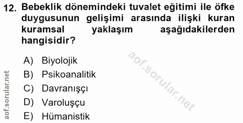 12. soru: Bebeklik dönemindeki tuvalet eğitimi ile öfke duygusunun gelişimi arasında ilişki kuran kuramsal yaklaşım aşağıdakile…