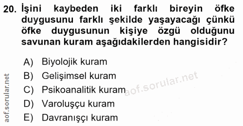20. soru: İşini kaybeden iki farklı bireyin öfke duygusunu farklı şekilde yaşayacağı çünkü öfke duygusunun kişiye özgü olduğunu…