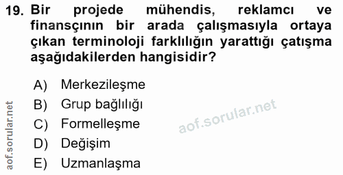19. soru: Bir projede mühendis, reklamcı ve finansçının bir arada çalışmasıyla ortaya çıkan terminoloji farklılığın yarattığı ç…
