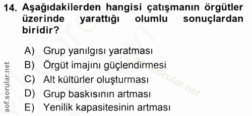 14. soru: Aşağıdakilerden hangisi çatışmanın örgütler üzerinde yarattığı olumlu sonuçlardan biridir? A) Grup yanılgısı yaratmas…