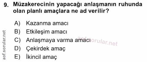 9. soru: Müzakerecinin yapacağı anlaşmanın ruhunda olan planlı amaçlara ne ad verilir? A) Kazanma amacı B) Etkileşim amacı C)…