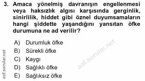 3. soru: Amaca yönelmiş davranışın engellenmesi veya haksızlık algısı karşısında gerginlik, sinirlilik, hiddet gibi öznel duyu…