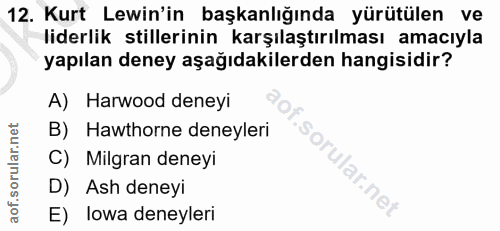 12. soru: Kurt Lewin'in başkanlığında yürütülen ve liderlik stillerinin karşılaştırılması amacıyla yapılan deney aşağıdakilerde…